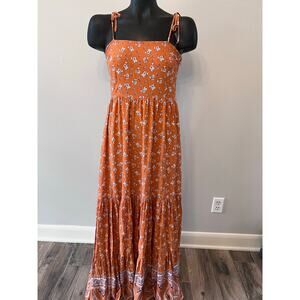 Forever 21 Orange Print Tiered Maxi SunDress Sz Medium Summer vacation coquette